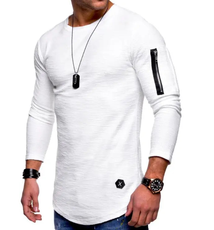 Men Curved Raw Hem Tshirt Scoop Neck Slim Long Sleeve Zipper Hipster Length Curved Split Hem Tee T-Shirts