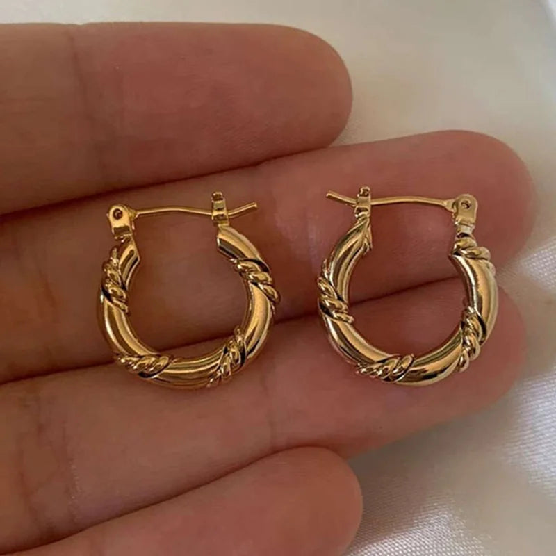 New Models Women Fashion Stainless Steel Jewelry 18K Gold Plated Stripes Twisted Rope Hoop Earring
