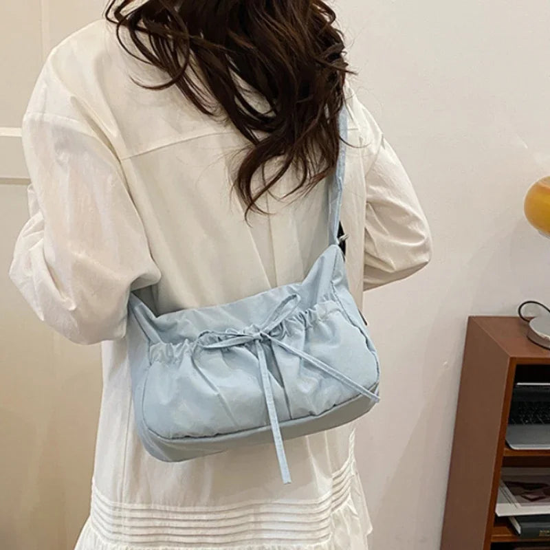 Casual Pleated Bow Design Women Shoulder Bags Simple Candy Color Ladies Crossbody Bag Versatile Female Nylon Cloth Handbags