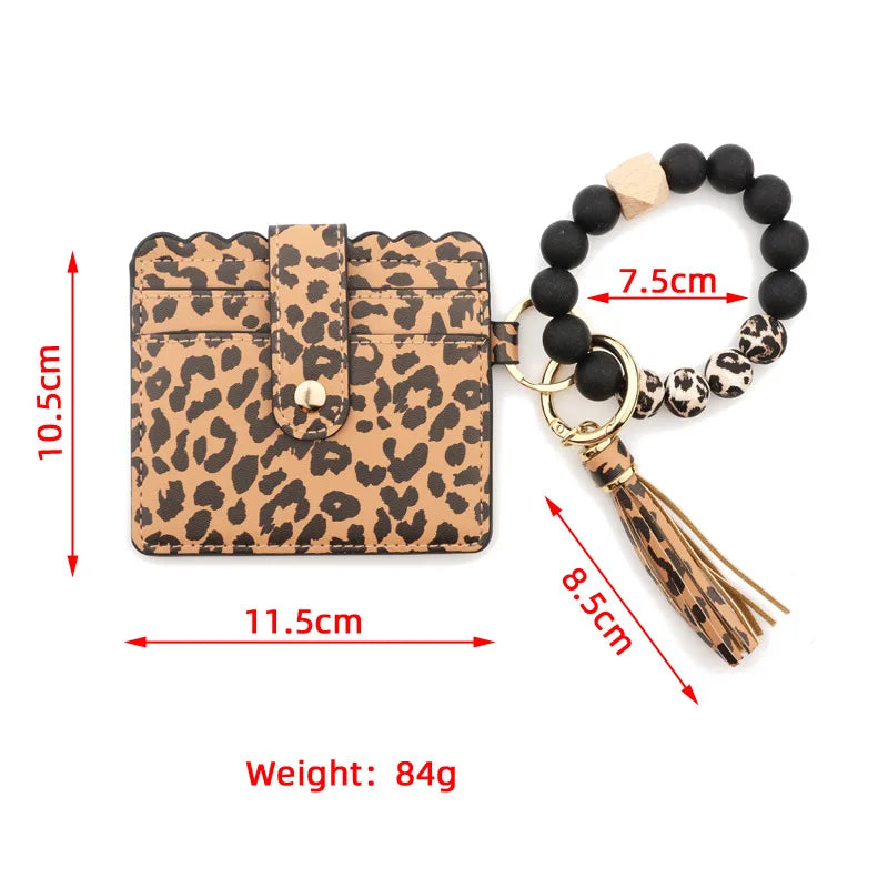 Ready to Ship Leopard Print Faux Leather Bead Bracelet Women's Credit Card Wallet Keychain Card Holder Wrist Vintage Style