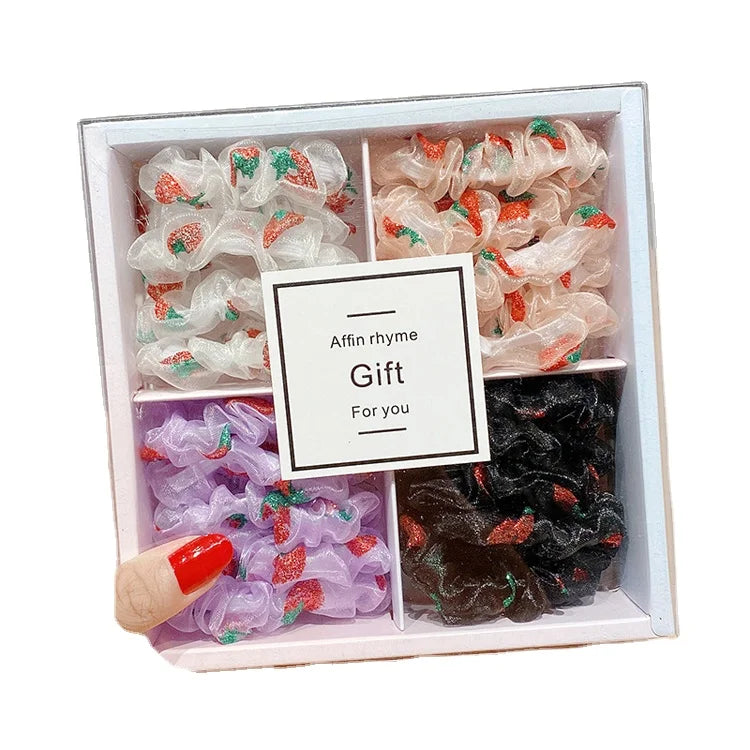 Box Packing Hairbands Organza Summer Sweat Bands for Hair Hair Ties 20pcs in Gift Box Dots Hearts Stripes Plaid Hair Scrunchies