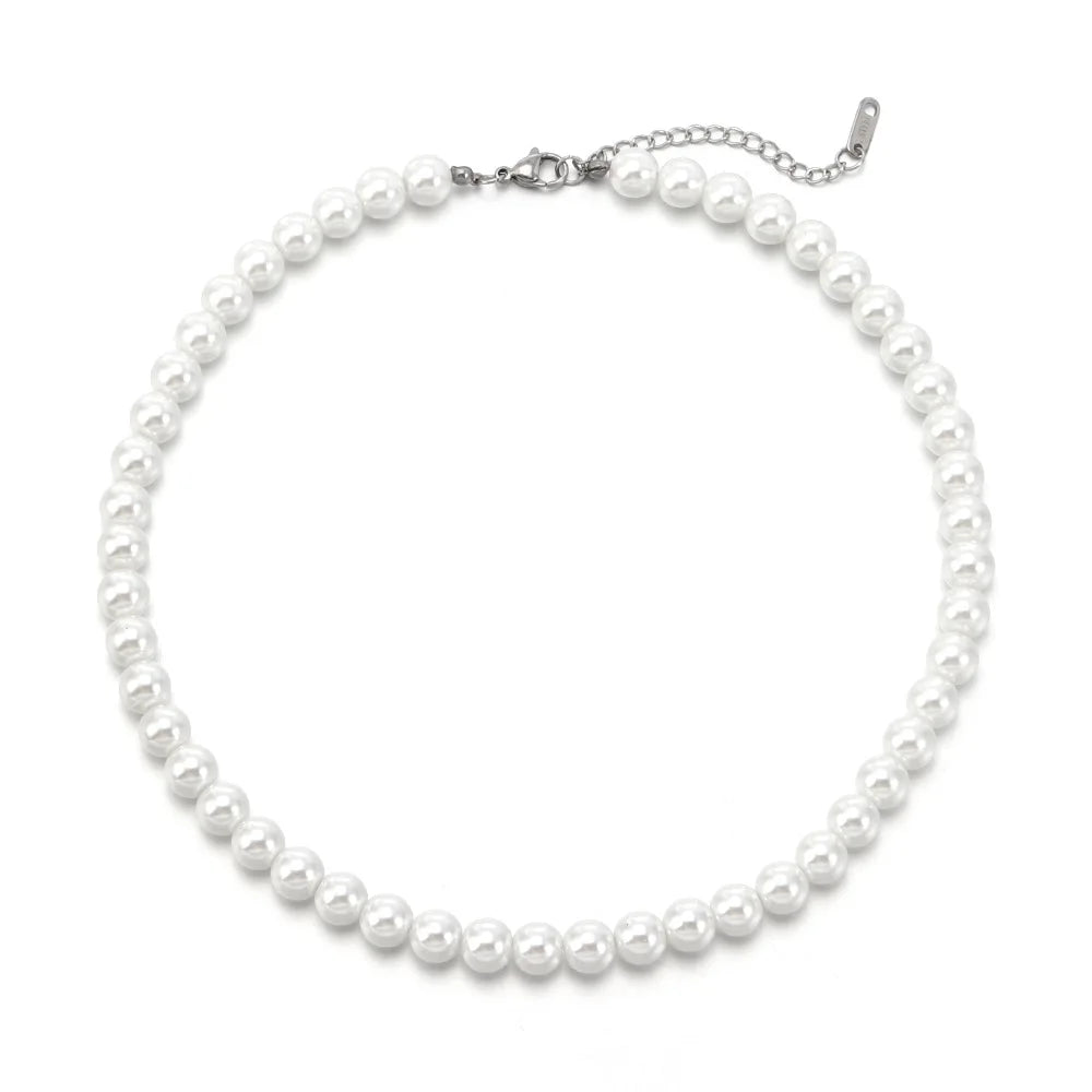 Wholesale Pure White Silver Plated Vintage Jewelry Chains Large Grain Imitation Pearl Necklace Fashionable Versatile Classic for