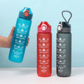 32oz Plastic Sport Gym Motivational Bottle Custom Logo Flip Top Cover Drink Water Bottle With Time Marker Straw Strainer