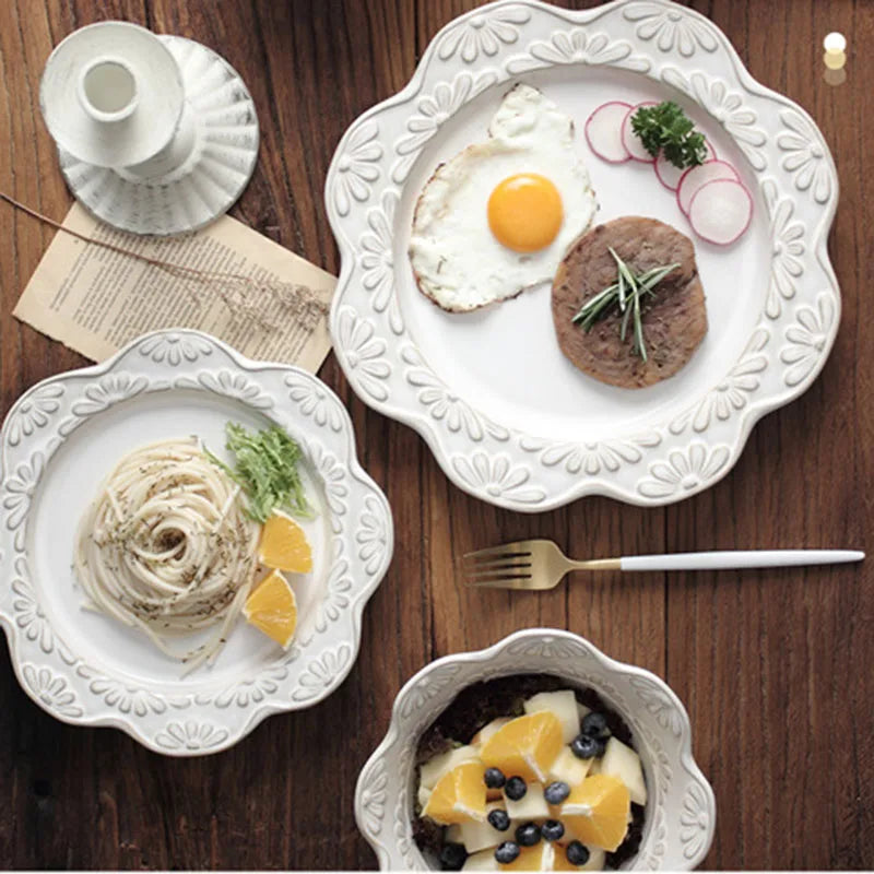 Small Daisy Relief Tableware Retro Kiln Becomes Fruit Plate Double Ear Plate Soup Plate