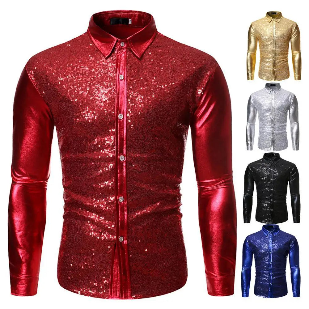Men Nightclub Multi-color Shirt Youth Cool Sequin Hot Gold Dance Wear Shirt