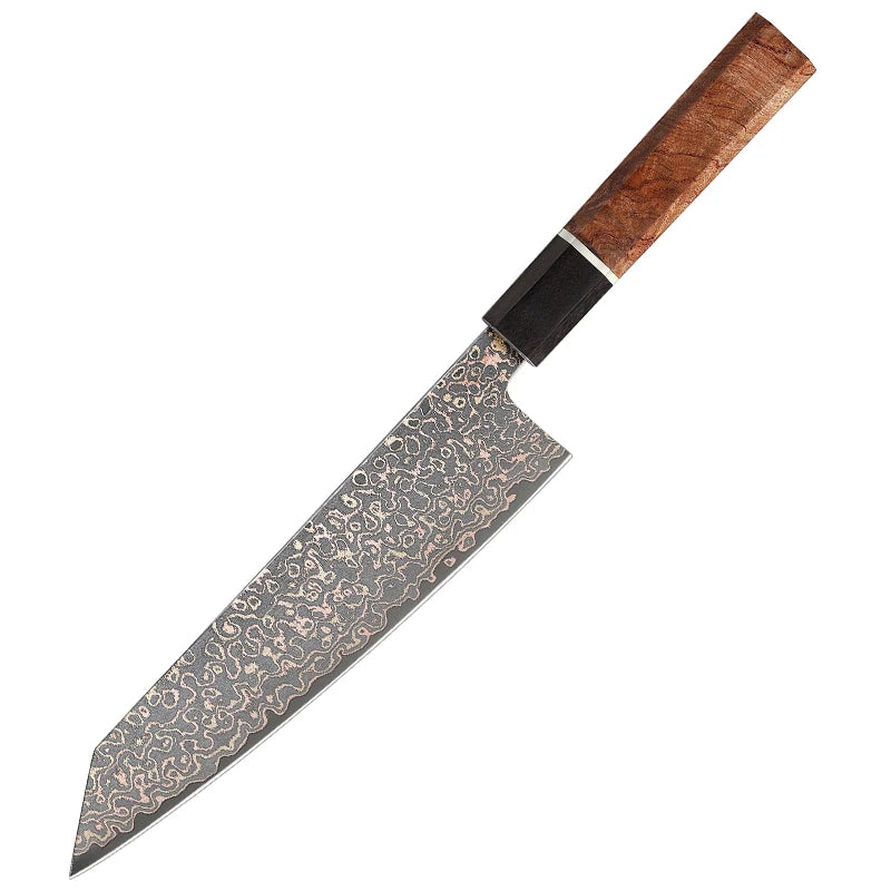 8-Inch Kiritsuke Japanese Kitchen Chef Knife Octagonal Handle Hammered Tricolour Copper Damascus Steel Blade Carbon Steel