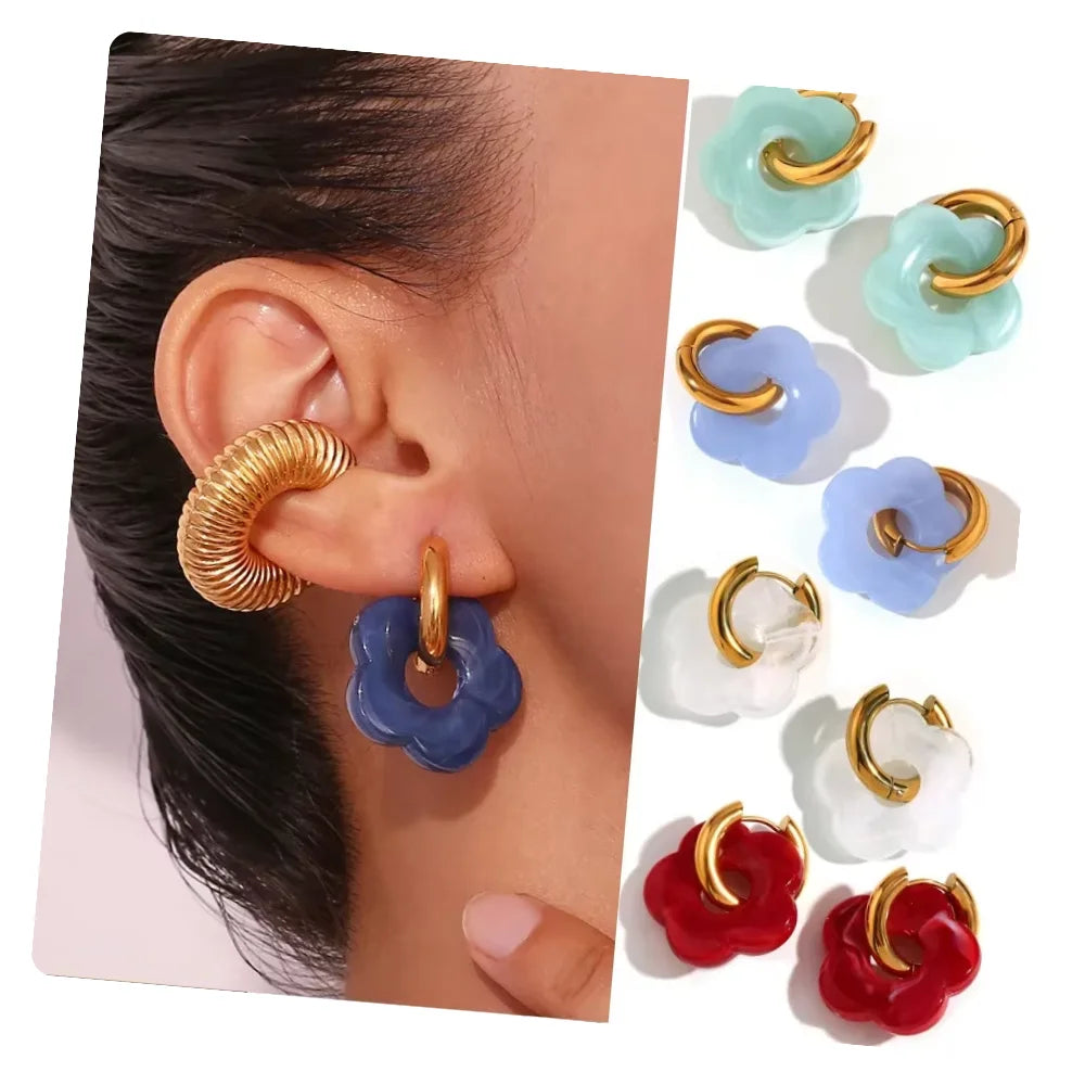 2025 Colorful Acrylic Flower Resin Drop Earrings Stainless Steel Waterproof Gold Hoop Earrings for Women Jewelry Accessories