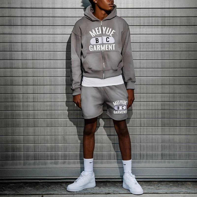Custom Acid Wash Cropped Hoodie Vintage Shorts Sweatsuit Sun Faded Shorts Zipper Embroidered Hoodies and Short Set for Men