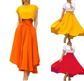 Women's Solid Color High Waist a Line Skirt Fashion Slim Waist Bow Belt Flared Pleated Long Red Orange Yellow Gypsy Maxi Skirt