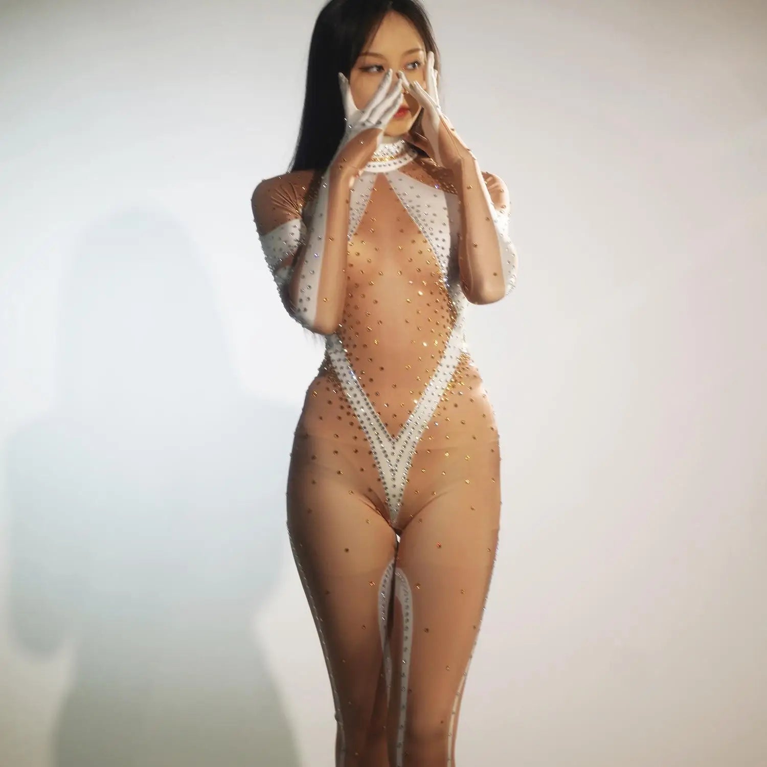 Sexy Long Sleeves Rhinestone Rompers Pole Dancer Leotard Stage Performance Women Bodysuits Bar Show Bodycon One Piece Jumpsuits