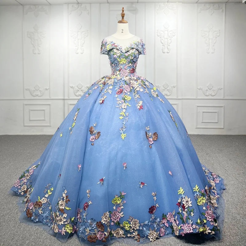 Jancember 9942 Blue Flower Short Sleeve Elegant Gowns for Evening Women Dress
