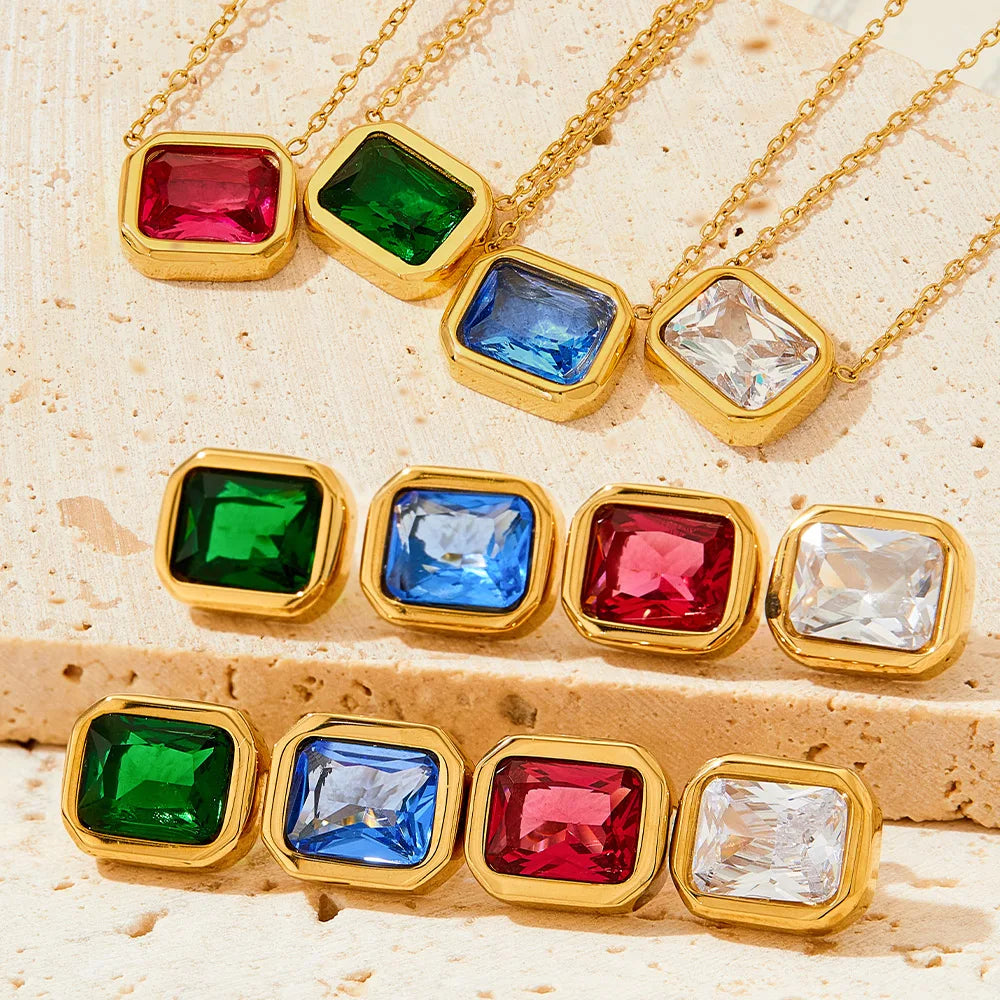 Exquisite Cubic Zirconia Collar Necklace Jewelry Stainless Steel Square Pendant Necklace Fashion