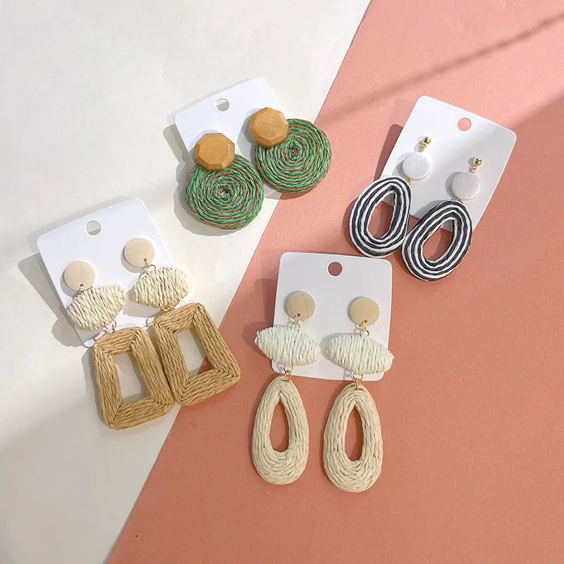 Hollow Geometric Rectangular Straw Woven Drop Raffia Handmade Cute Earrings for Women