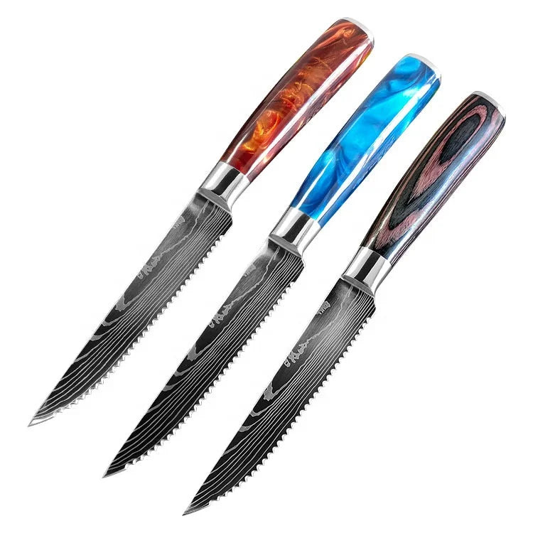 Hot Sale 5 Inch Damascus Pattern Steak Knife Professional Chef Carbon Steel Serrated Butcher Knife for Restaurant Use
