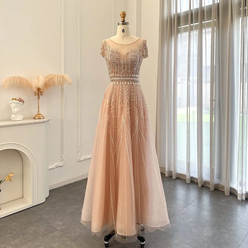 Luxury Beaded Pale Pink Long Evening Dresses for Women Wedding Elegant Gold Arabic Plus Size Formal Party Gown SZ059