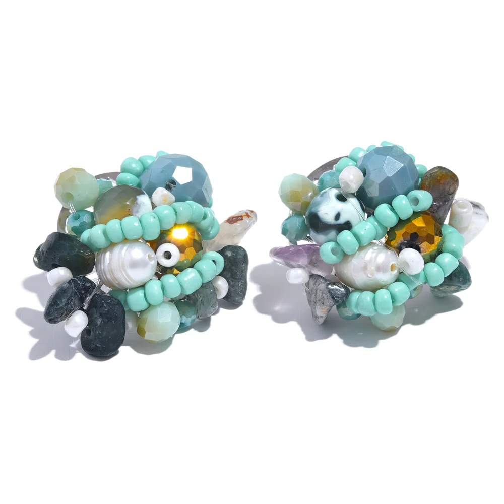 JINYOU 079 Natural Stone Pearl Resin Crystal Beads Handmade Bohemian Stud Earrings Stainless Steel Silver Jewelry Bijoux Summer