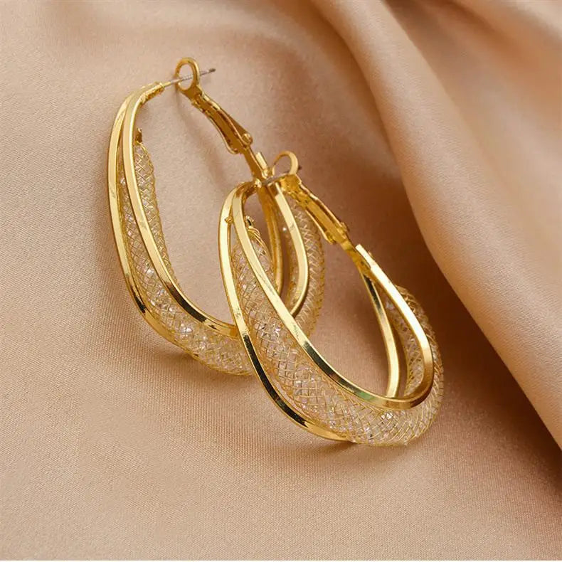 Fashion Gold Plated Chunky Gold Hoop Earrings Fancy Crystal Mesh Statement Earrings for Women