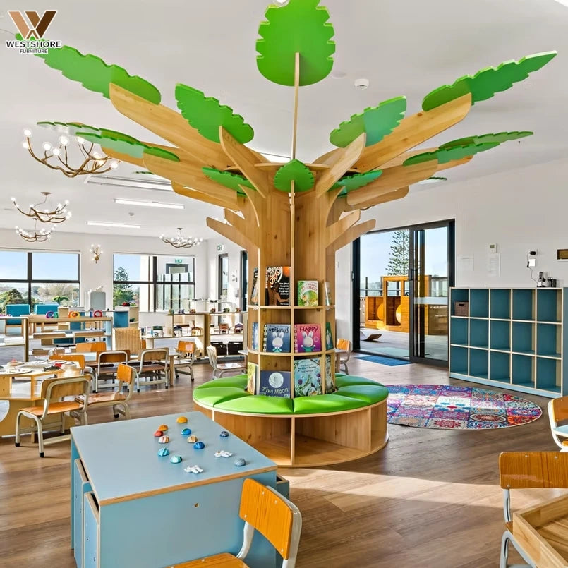 Montessori Nursery Reading Corner Tree Bookshelf Wooden Daycare Furniture Set Kindergarten Library Design Preschool Bookcase