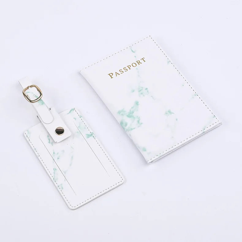 2026 Hot Sale Travel Passport Holder Luggage Tag Sets Fashion Marble Pattern Pu Leather Passport Holder Cover and Luggage Tags