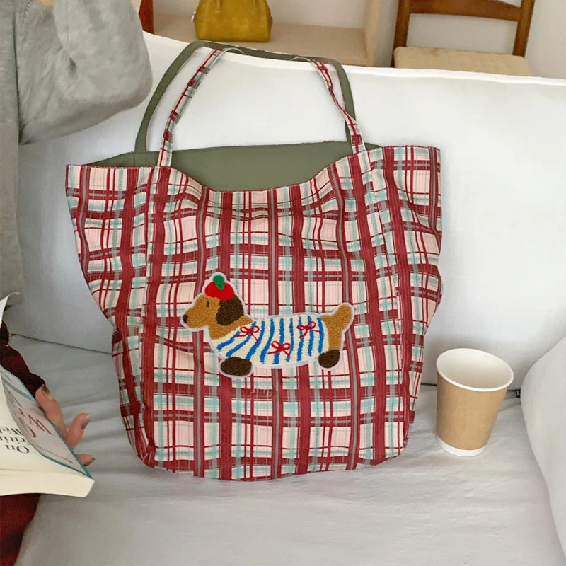 Puppy Plaid Women's Corduroy Tote Shopping Bag Large Capacity College Girls Book Shoulder Bags Double-sided  Female Handbags