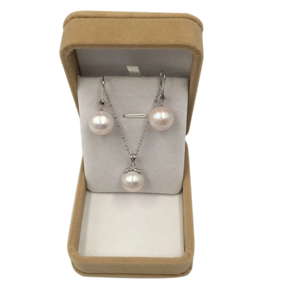 925 Silver Jewelry Set 13-14 MM Big Perfect ROUND Nature Freshwater Pearl Pendant Necklace and Earring