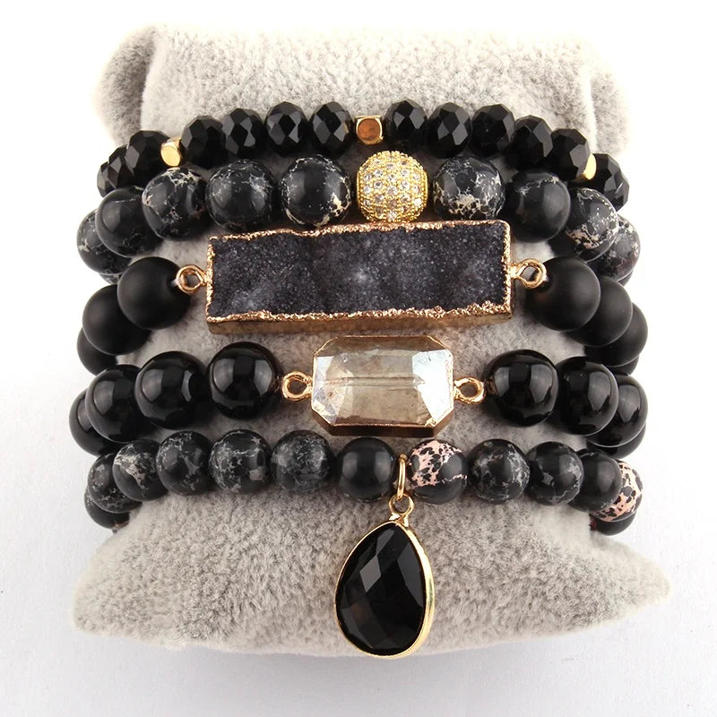 Beautiful Crystal Glass Beads Bracelet Set Drop Charms 5 Piece Purple Natural Gemstone Druzy Stack Bracelet Sets