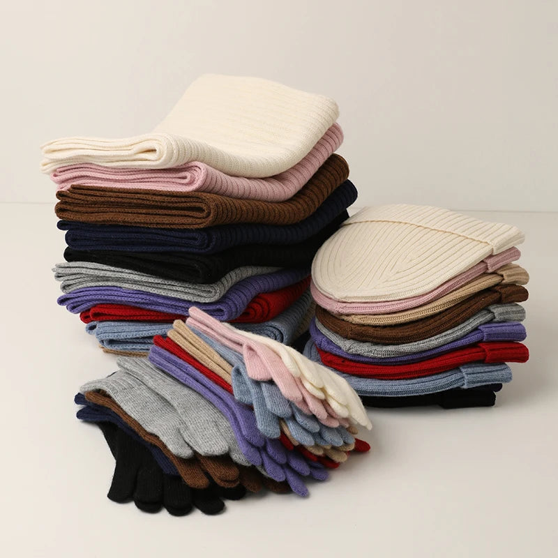 100% Merino Wool Women Girls Winter Warm Scarf Hat & Glove Sets  Fashion Ladies Knitted Wool Beanie Scarves Gloves Suit