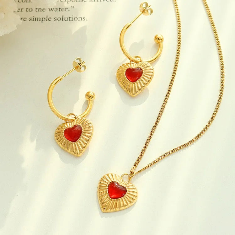Stainless Steel Heart Inlaid Red Agate Pendant Necklace and Earrings Set