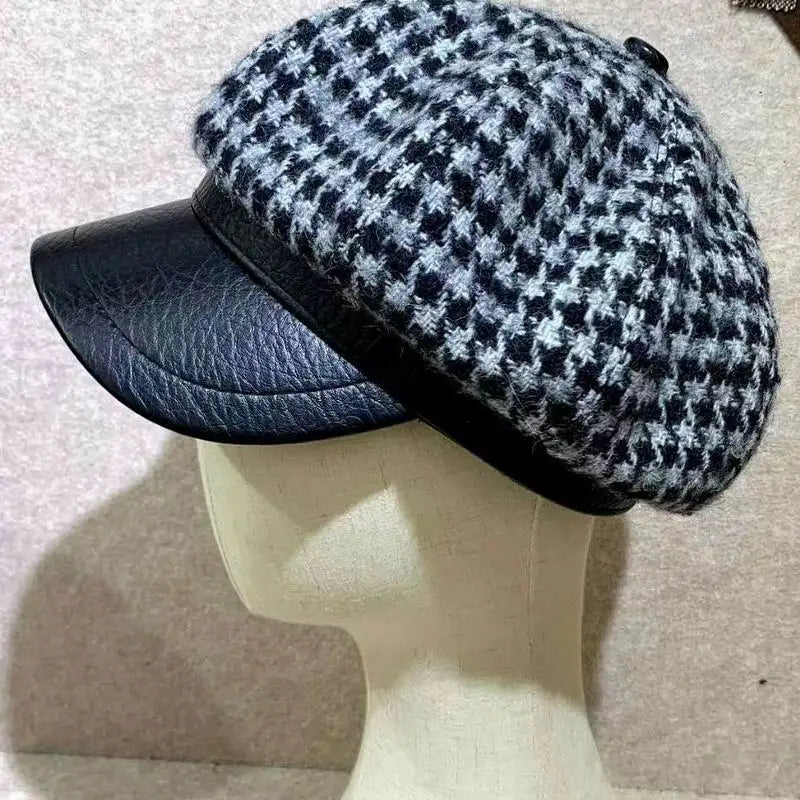 Women  Newsboy Baker Wool Leather Visor Vintage Hound Tooth Check Flat Top Cap Beret Hat Octagonal Hats