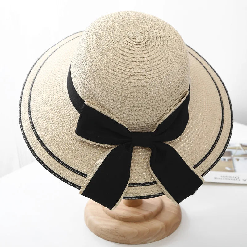 New Summer Sun Straw Hat Women Bow Beach Fisherman Hats Wide Brim Panama Hat Foldable