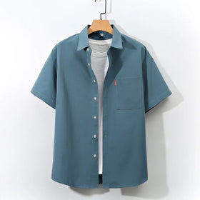 RNSHANGER Summer Single Breasted Short Sleeve Shirts Men Casual Comfortable Breathable Solid Color Loose Single Pocket Plus Size