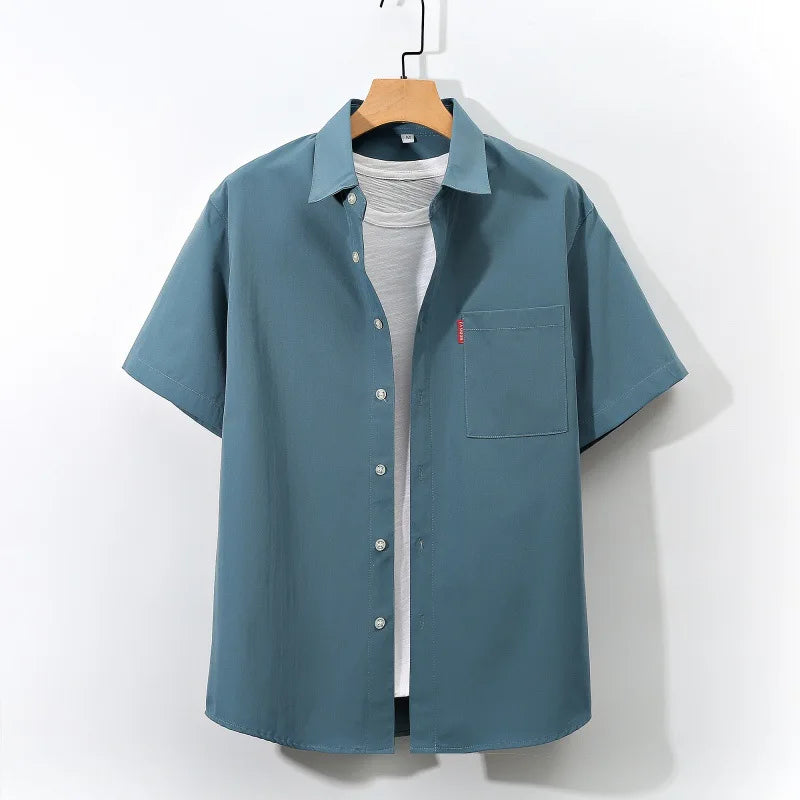 RNSHANGER Summer Single Breasted Short Sleeve Shirts Men Casual Comfortable Breathable Solid Color Loose Single Pocket Plus Size