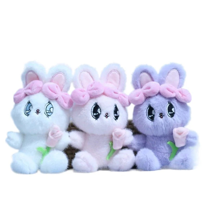 14cm Animal Soft Doll Key Chain Stuffed Simulation Bunny Charm Plush Toy Keychain Bowknot Flower Rabbit Bag Pendant Accessories
