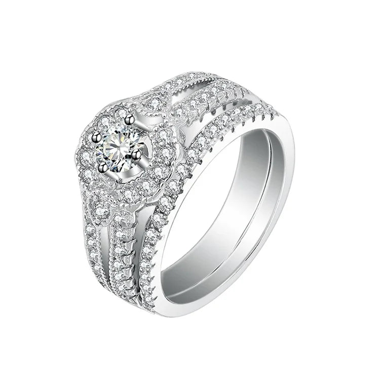 Fashion Prong Setting Pave Cubic Zircon Split Shank Crown Ring Band Set 925 Sterling Silver Weeding Ring Sets for Women