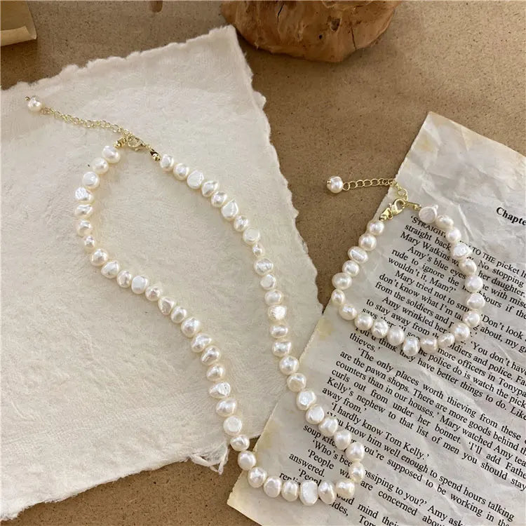 SC Korean Retro Real Natural Pearl Beaded Necklace Teen Girls Luxury Bright Irregular Baroque Pearl Choker Necklace for Women
