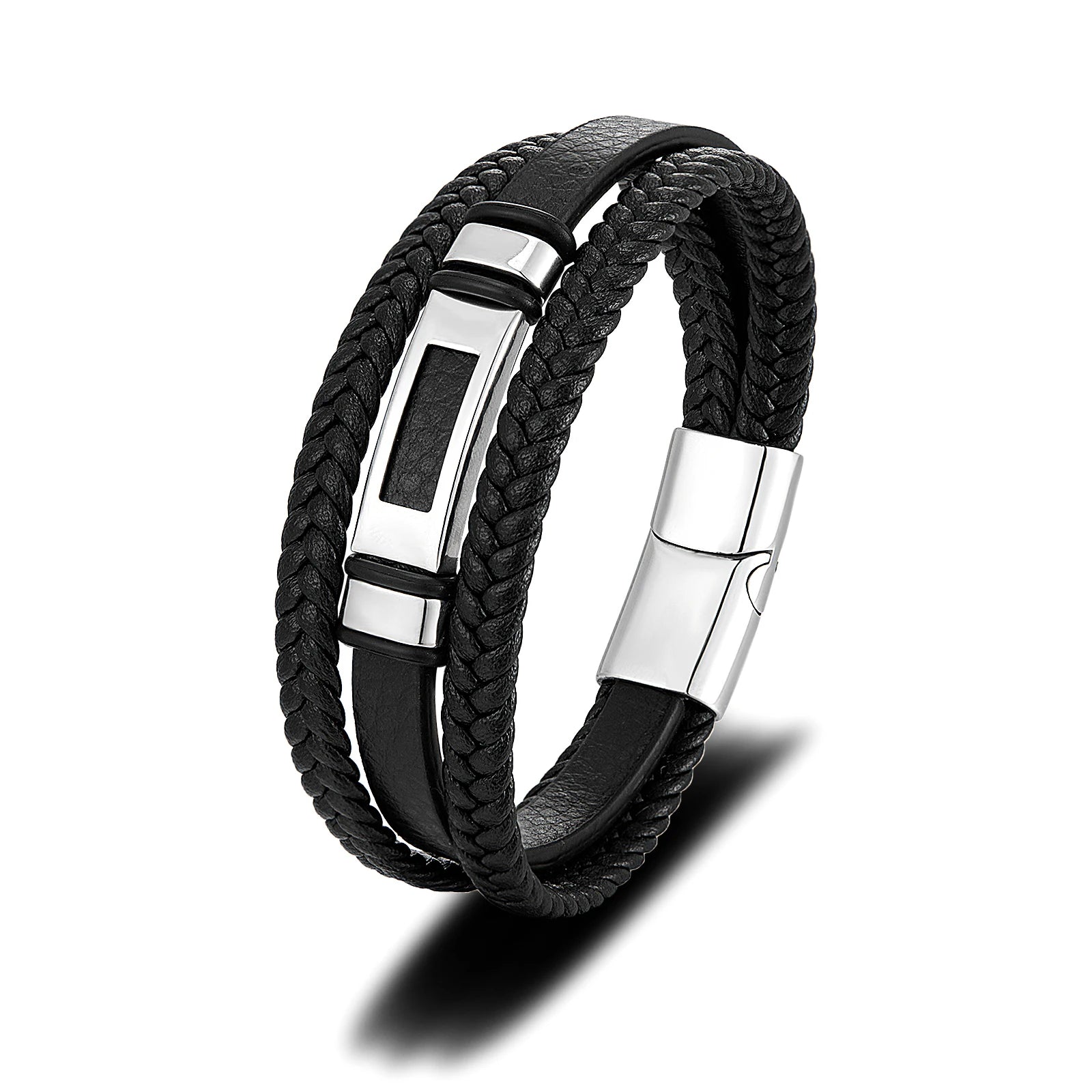 Wholesale Price Men's Cowhide Leather Bracelet Personalized Stainless Steel Plate Leather Bracelet for Husband