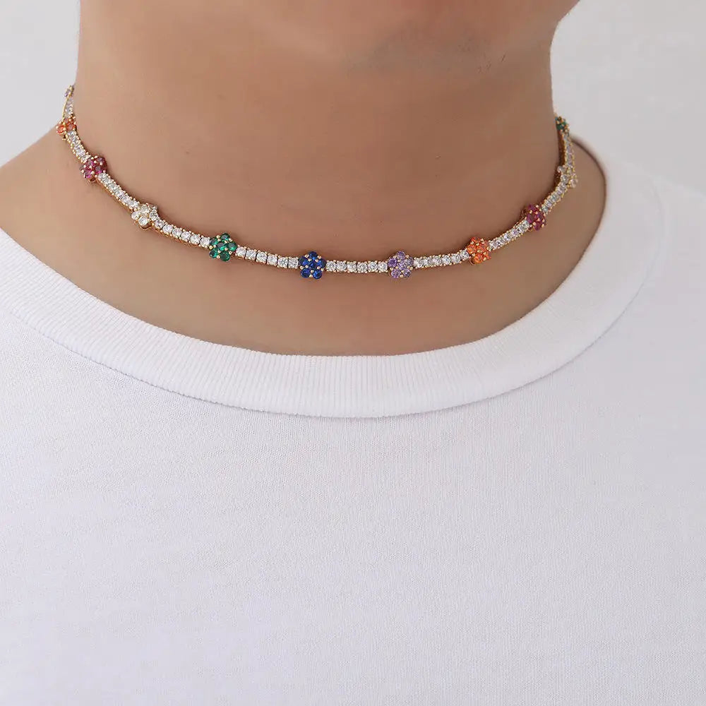 Women's Iced Out Multicolor Flower Tennis Necklace 3mm 18K Gold Plated Chain CZ Shiny Jewelry
