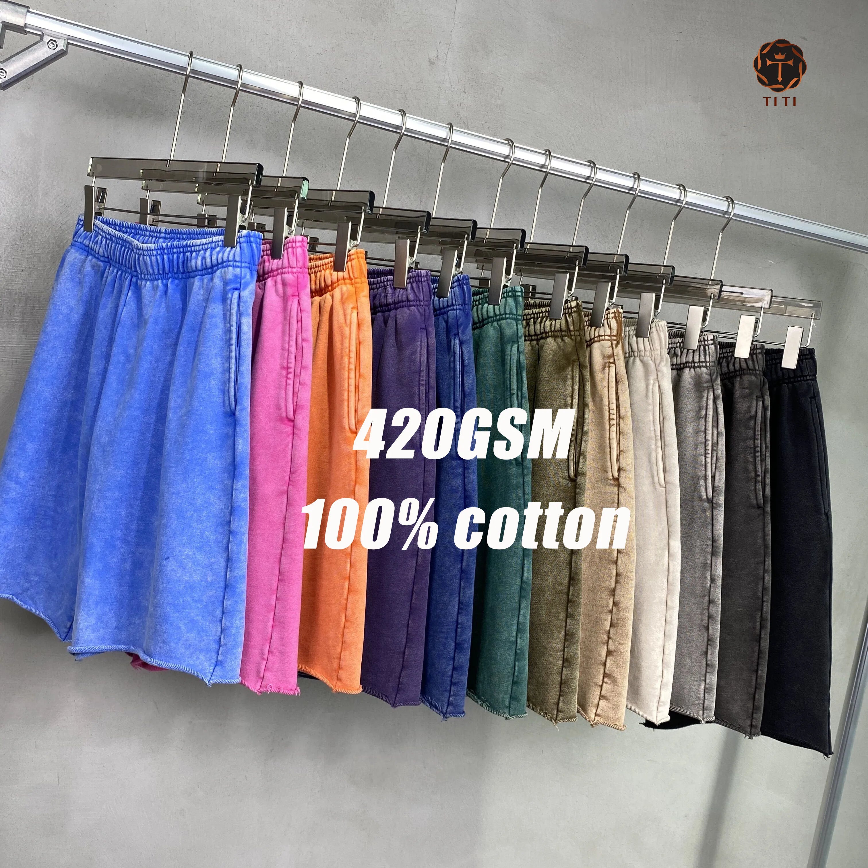 TT Custom Men Vintage Sun Dye Fade Sweat Cotton Shorts Cut Edge Women Summer Acid Washed Shorts