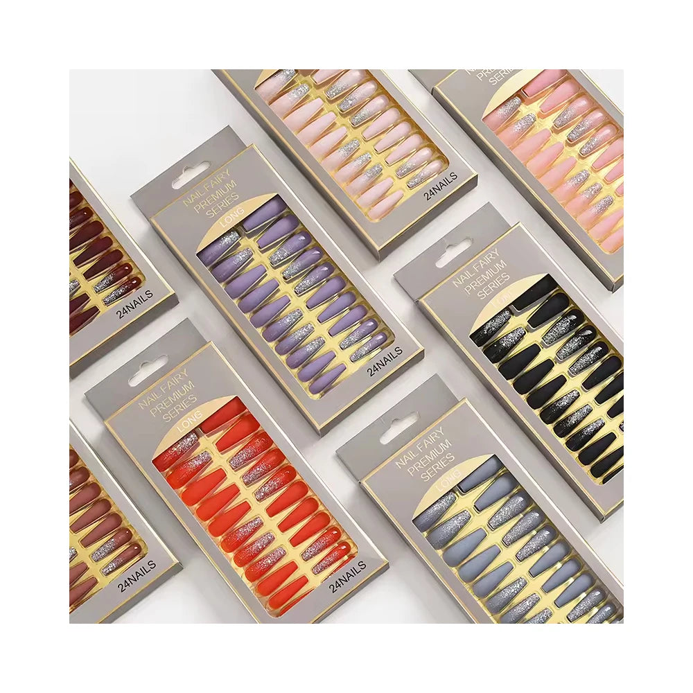 24pcs Matte Frosting Press on Nails Glitter Gradient Extra Long Coffin Nail Tips Full Cover False Nails Tip Wholesale