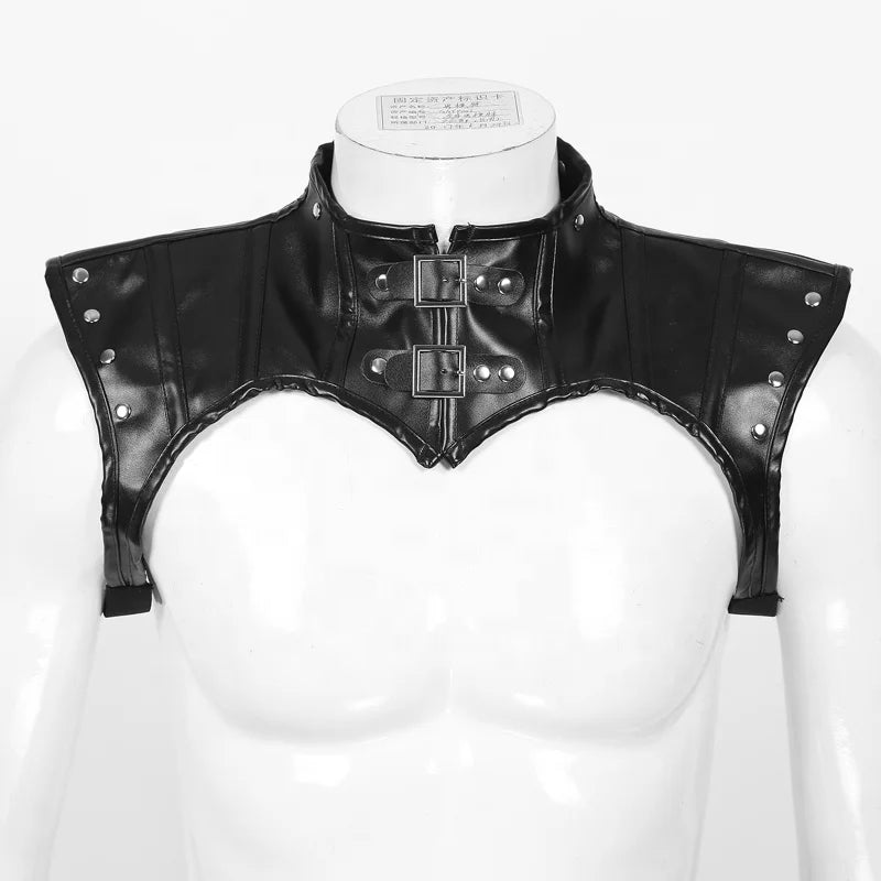 Mens PU Leather Back Lace-up Shoulder Armor Clubwear Punk Costume Chest Harness Tops With Buckles