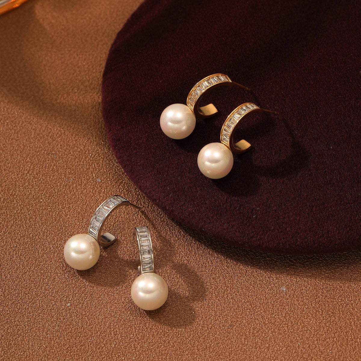 Stainless Steel Jewelry Women Pvd 18k Gold Plated C-shaped Zircon Inlaid Shell Pearl Dangle Earrings Light Luxury