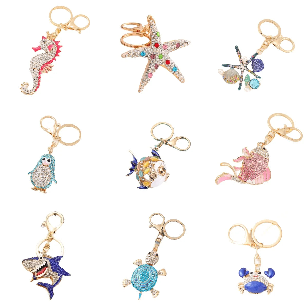 Ocean Animal Keychain Turtle Dolphin Crab Rhinestone Charm Bling Sea Life Keyring for Purse & Car Decor