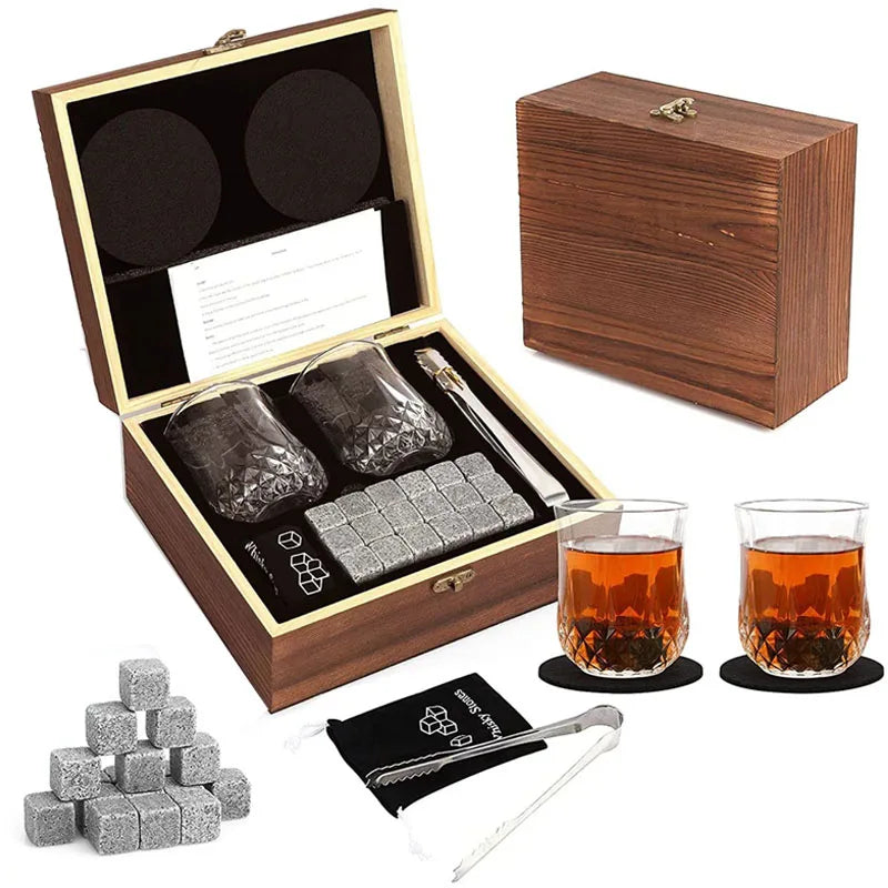 Whiskey Stones Gifts Set for Men Dad Boyfriend Bar Accessories Whisky Chilling Stones with Wooden Box Whiskey Glasses Set