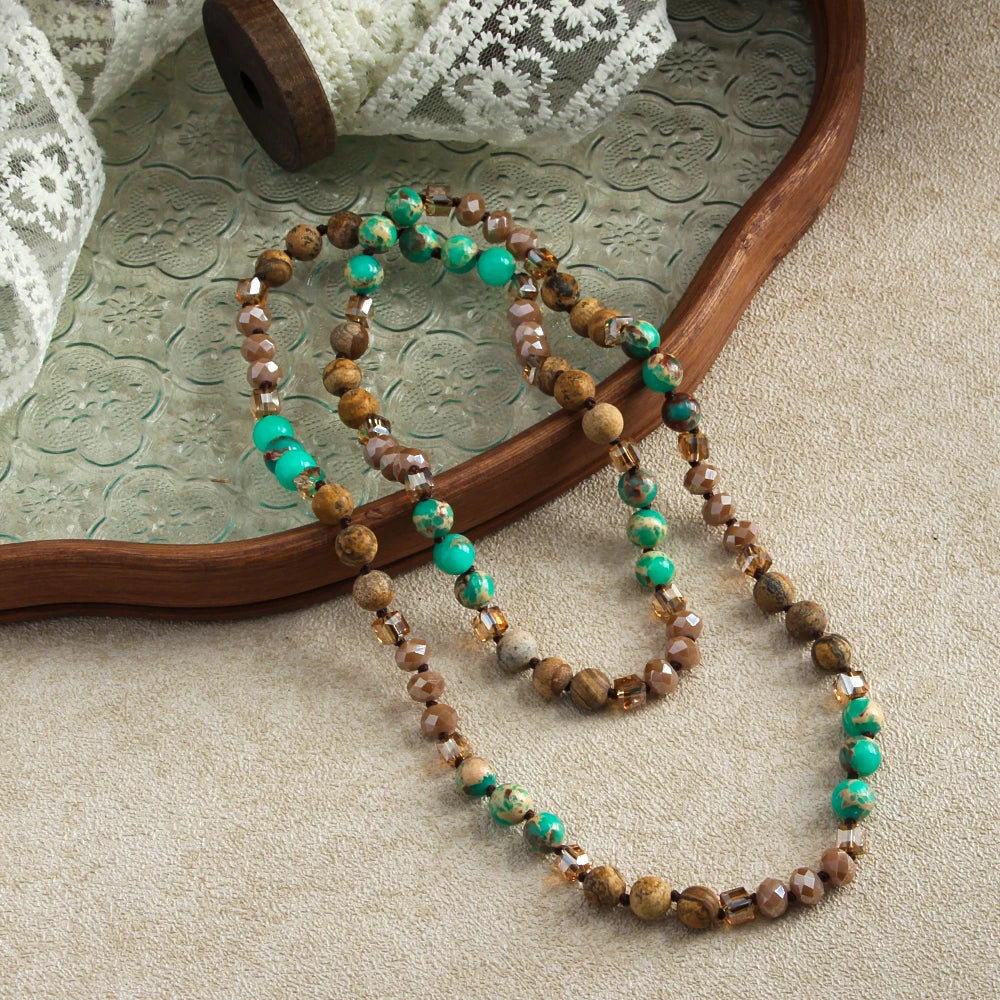 New Fashion Bohemian Women Jewelry 8mm Emperor Stone Crystal Glass Knotted Necklace