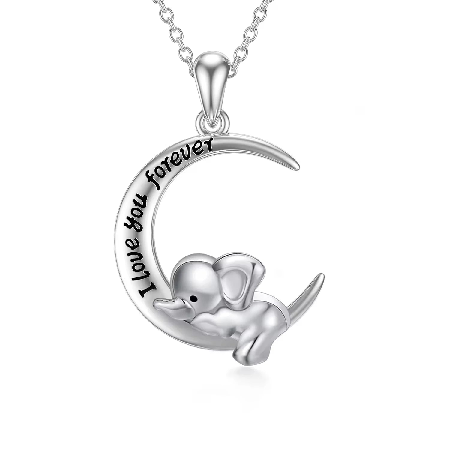 925 Sterling Silver Engraved I love You Forever Lucky Elephant Moon Pendant Necklace
