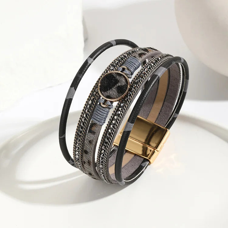 Cross-border Bohemian Horsehair Leather Bracelet Multi-layer Braided Leather Bracelet Leopard Print Leather Bracelet Women