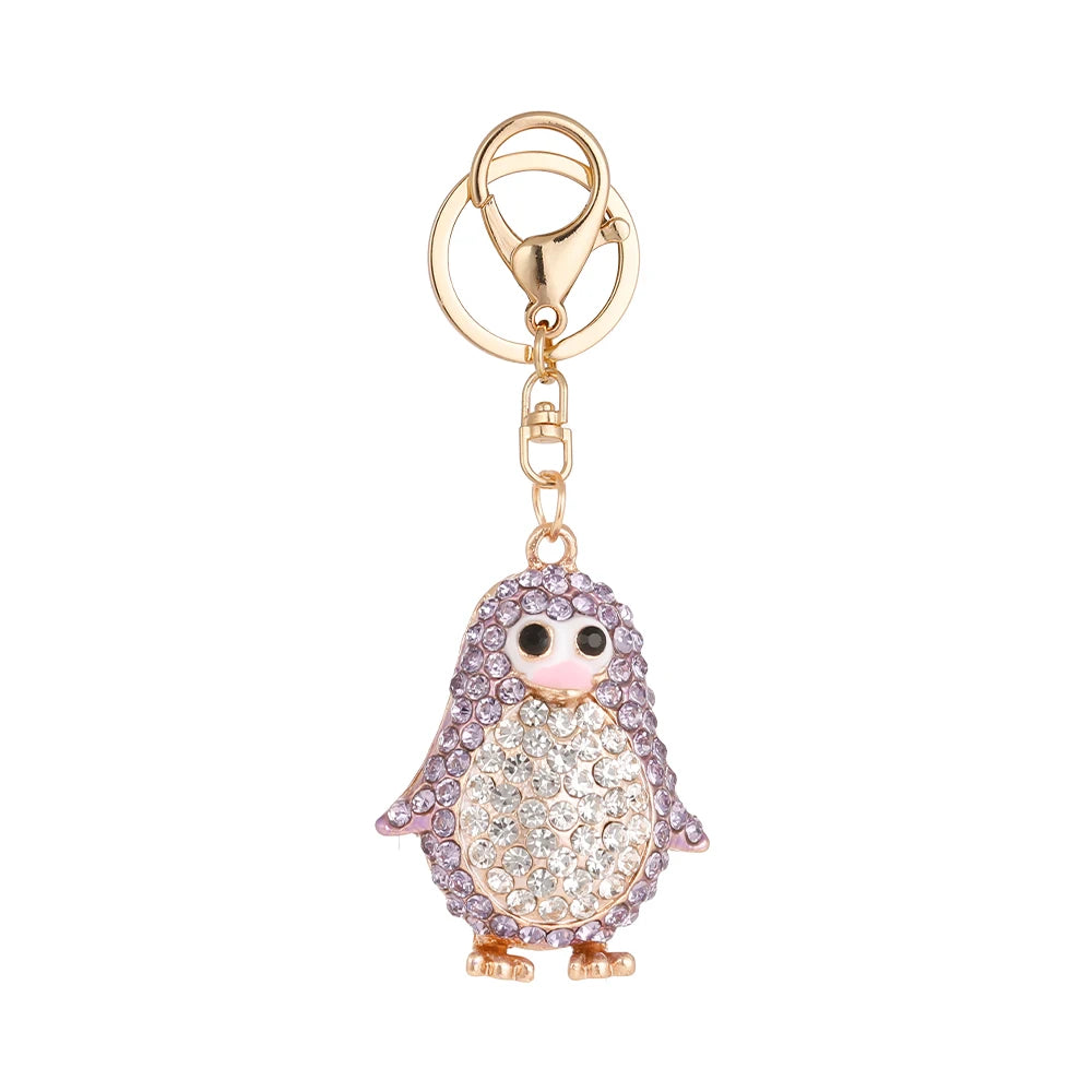 Cute Diamond Crystal Cartoon Penguin Keyring Blue Pink Purple Rhinestone Penguin Keychain for Gift