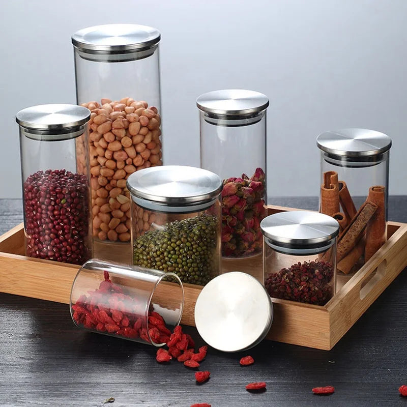 Sealed Airtight Canister Tea Coffee Beans Food Storage Container Kitchen Borosilicate Glass Storage Jar With Stainless Steel Lid