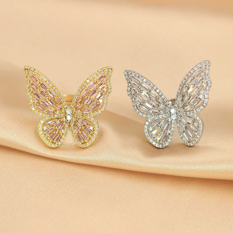 Luxury Hollow Butterfly Crystal Rings Ins Rhinestone Zircon Adjustable Rings for Women