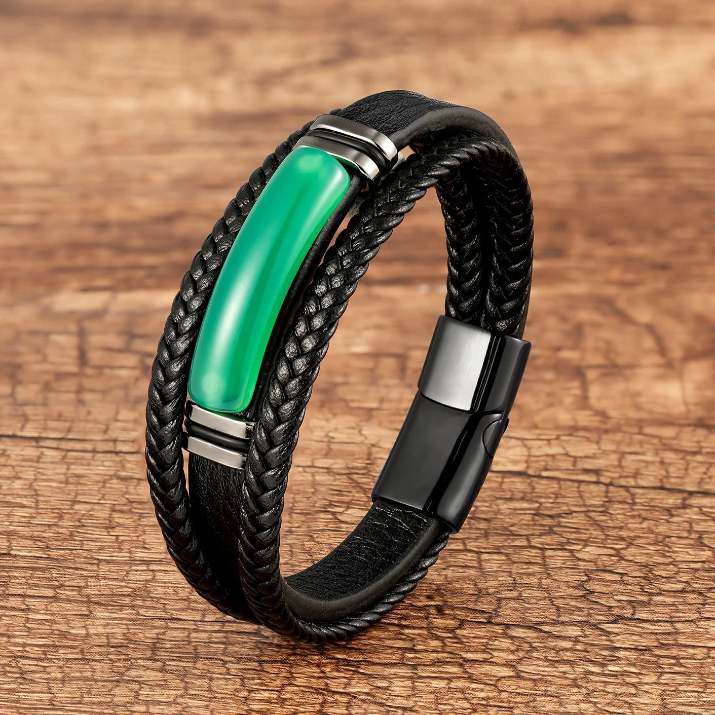 Fashion Natural Agate Stone Leather Bracelet Multilayer Stainless Steel Geometric Stone Leather Bracelet for Men